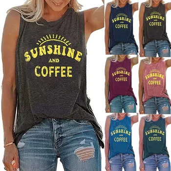 INITIALDREAM 2021 Casual Rezervor de Top pentru Femei Soare și Cafea Scrisoare de Imprimare Topuri O-Neck Bumbac Vrac Femei tricouri fără Mâneci