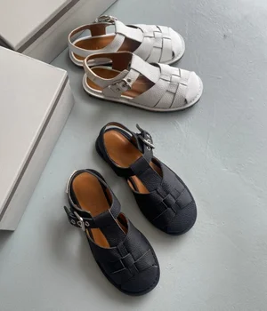 2022 Primăvara și Vara Noi Femei Pantofi de Lux, Catarama de Metal Captuseala Piele de Căptușit cu piele de Vacă Negre Sandale Romane