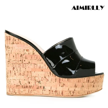 Vara Femei Cork Wedge Sandale cu Platforma, Pantofi cu Toc inalt Catâri Confortabil Pantof Negru din Piele de Brevet Roșu