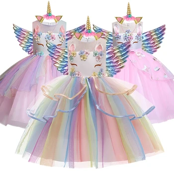 Fata Curcubeu Unicorn Rochie De 3-10 Ani Petrecere De Aniversare Pentru Copii Costum Fetita Cu Flori De Mireasa Printesa Rochie De Haine Pentru Copii Vestidos