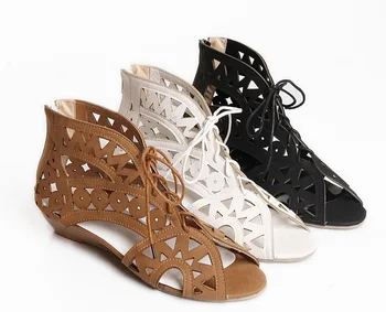 Gol Afară De Femei Gladiator Sandale Vintage Din Dantela-Up Low-Toc Pene Pantofi De Vara Pentru Femeie Sandale Cu Fermoar Zapatos Mujer