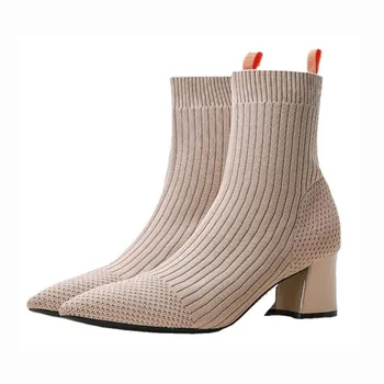 Noi Tocuri Ciorapi Cizme Femei Modelarea Tesatura Stretch Elastic Stilettos Cu Toc Subliniat Toe Glezna Cizme Pantofi De Moda Femeie Bărci