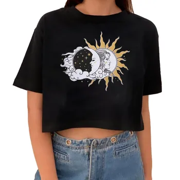 Femei de Moda Casual Soare Lună Imprimare Vrac Scurt Mânecă Lungă T-shirt Uri pentru Femei Vintage 2021 Vara Oversize Tee Camasi Topuri