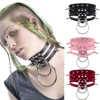 Sexy Punk, Gotic din Piele cu inel O Împânzit Cravată Colier Farmec de Epocă Rotund Gol Afară de Guler Coliere pentru Femei Bijuterii Cadou