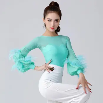 Noi latin dance top elegant cu pene salopeta standard național de dans cămașă albastră cu mâneci lungi de dans modern practica haine