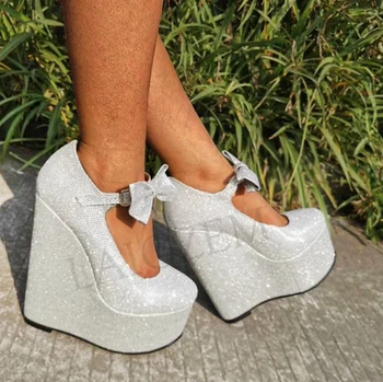 LAIGZEM Femei Tocuri Platforma Wedge Mary Jane Argint Bling Doamnelor Pompe de Petrecere de Seara, Pantofi de Femeie Zapatos Mujer de Mari Dimensiuni de 50 52