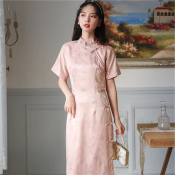 Vară Rochie Chinez Qipao De Moda Elegant Casual Satin Slim Roz Cu Maneci Scurte Moderne Cheongsam Vestidos De Mujer Casual Verano