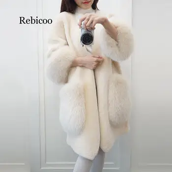 Toamna și iarna noua haină de blană de sex feminin lung punctul V guler blana de înaltă imitație de blană de vulpe de oaie se taie cașmir haina