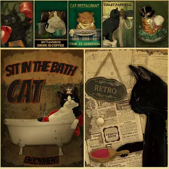 Misterios, Amuzant Pisica Neagra Retro Hârtie Kraft Poster Viața De Zi Cu Zi Poza Decor Acasă Baie, Bar, Cafenea, Gradina De Arta De Perete Autocolant