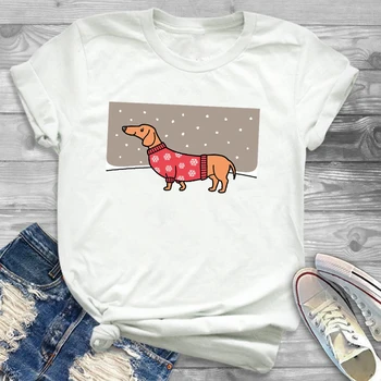 Desene animate Teckel Câini de Imprimare Tricou Crăciun Fericit Femei/Bărbați T-shirt Femei Moș Crăciun Ren Maneca Scurta Tricou