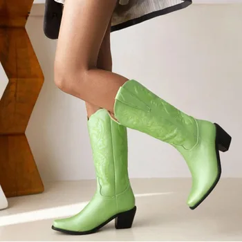 Cowgirls Pană Toc Indesata Broderie Cizme De Cowboy Pentru Femei Pantofi De Moda De Epocă Aluneca Pe Cizme 2022 Nou De Sex Feminin Punk Pantofi