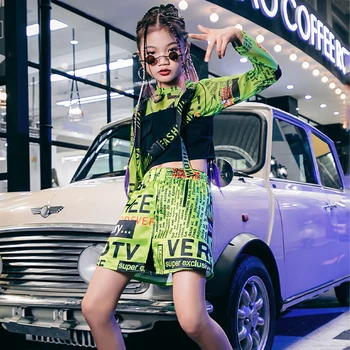 Copiii Hip Hop Fete de Îmbrăcăminte Jazz Costume Verde Culturilor Sus pantaloni Scurți Street Dance Haine Tinutele Scena Festivalului de Îmbrăcăminte XS3618