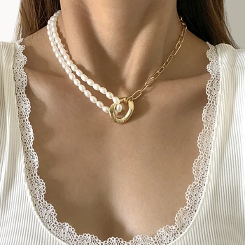 Lacteo Exagerat Dublu Stratificat Imitații De Perle Metalice Asimetrice Lanț Cravată Colier Bijuterii Pentru Femei Accesorii Cadouri