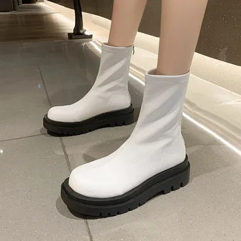 Chelsea Scurt Boots2021 Noi pentru Femei Pantofi Casual Maneca Glezna Cizme de Moda pentru Femei cu Cap Rotund cu Fermoar Spate Gros Cizme