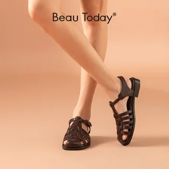 BeauToday Sandale Gladiator Femei Reale De Vacă Din Piele Acoperi Deget De La Picior Glezna Cu Cataramă De Curea Plaja Doamnelor Retro Pantofi Plat Manual 33037