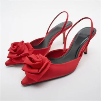 2022 Toamna Floare Femeie Tocuri De Moda Degetele De La Picioare Subliniat Satin Roșu Sandale Elegante, Pantofi Spate Curea Stiletto Petrecere Pompe De Femei