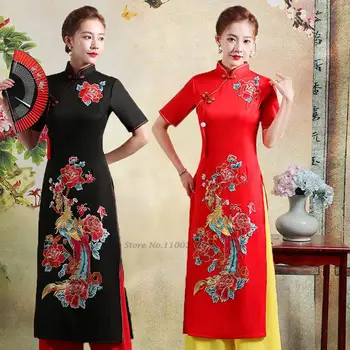 2022 femeie vintage aodai vietnam tradiționale de broderie flori vietnam haine și pantaloni vietnam costume îmbunătățit cheongsam dressup