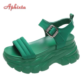 Aphixta 2022 Vara Verde Catarama de Metal Sandale cu Platforma Femei Reglabil Pană Tocuri de 8cm Indesata Unic Sporturi de Plajă, Tobogane