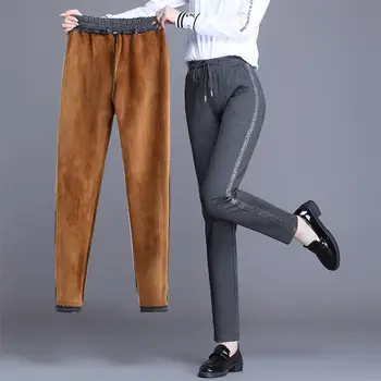 Femeie coreean Toamna Iarna Fleece pantaloni de Trening Femei Dantelă-up Talie Mare Moda Banda Elastica Cald Liber Casual Pantaloni Lungi 2022