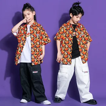 Copil Hip Hop de Îmbrăcăminte Flacăra Imprimare Tricou Maneca Scurta Top Streetwear Largi Picior Pantaloni de Marfă pentru Fată Băiat de Jazz Dans Costum de Haine
