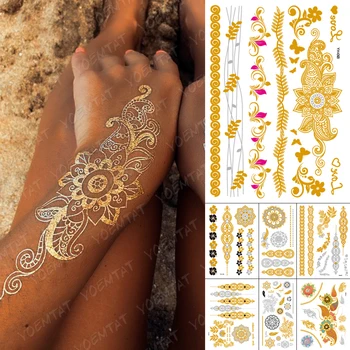 1 buc Impermeabil Tatuaj Temporar Autocolant Metalic Aur Roz Mandala Fluture Brățară Flash Tatuaj Henna Body Art Tatuaj Fals