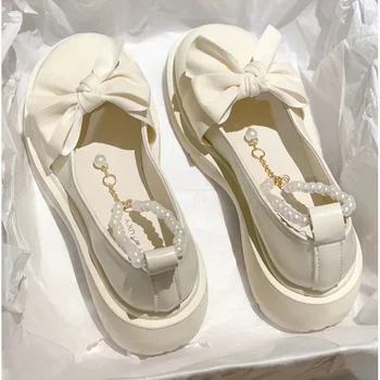nuevos zapatos con lazo de perlas para ninas, zapatos individuales de tacón grueso, zapatos pequeños de cuero estilo Hada