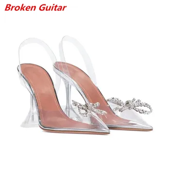 Primăvara și vara noi diamant arc pantofi cu toc pentru femei cu toc subtire subliniat cristal transparent pantofi sandale Baotou