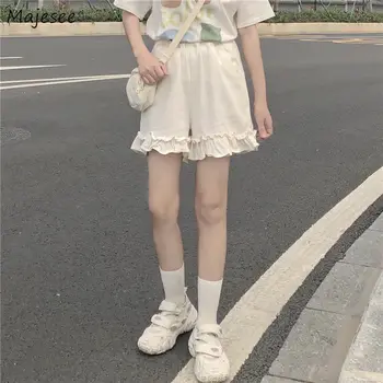 Femei pantaloni Scurți Stil Preppy Japonez de Mare Talie Elastic cu Volane Largi Picior Pantaloni Elevii Dulce coreean Chic-Casual meci de Noi