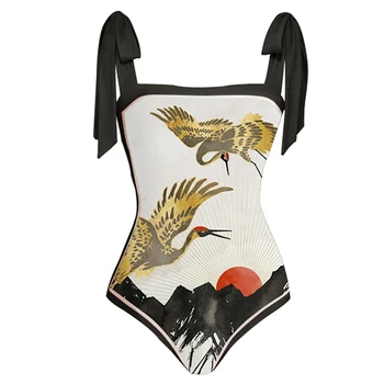 Retro Macara Alb-Negru, Contrast de Culoare de Imprimare Bikini dintr-O bucata fara Spate Subțire de Moda costum de Baie V-gât Cravată Bluza Beachwear