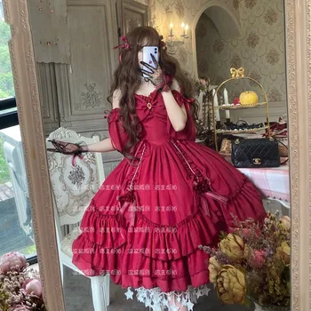Lolita Palat În Stil Prințesă Strapless Decolteu Roșu Elegant Talie Mare Victorian Rochie Rochie Victoriană Fata Kawaii Lolita Op
