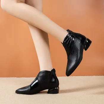 2022 Nouă Primăvară pentru Femei Cizme din Piele Britanic de sex Feminin a Subliniat Toe Cizme cu Toc mediu Doamnelor Pantofi Rochie Vintage Femei Glezna Cizme