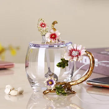 Hand-made Email Cana de Cafea Cupa de Cristal Lapte de Lamaie Flori Ceașcă de Ceai de Înaltă calitate de Sticlă Drinkware Cadou Cuplu Cana Pentru Iubitor de Nunta