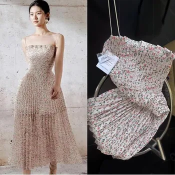 Stil francez vara floral vintage plisata femei rochie de curea spaghete talie mare cutat rochie de plaja