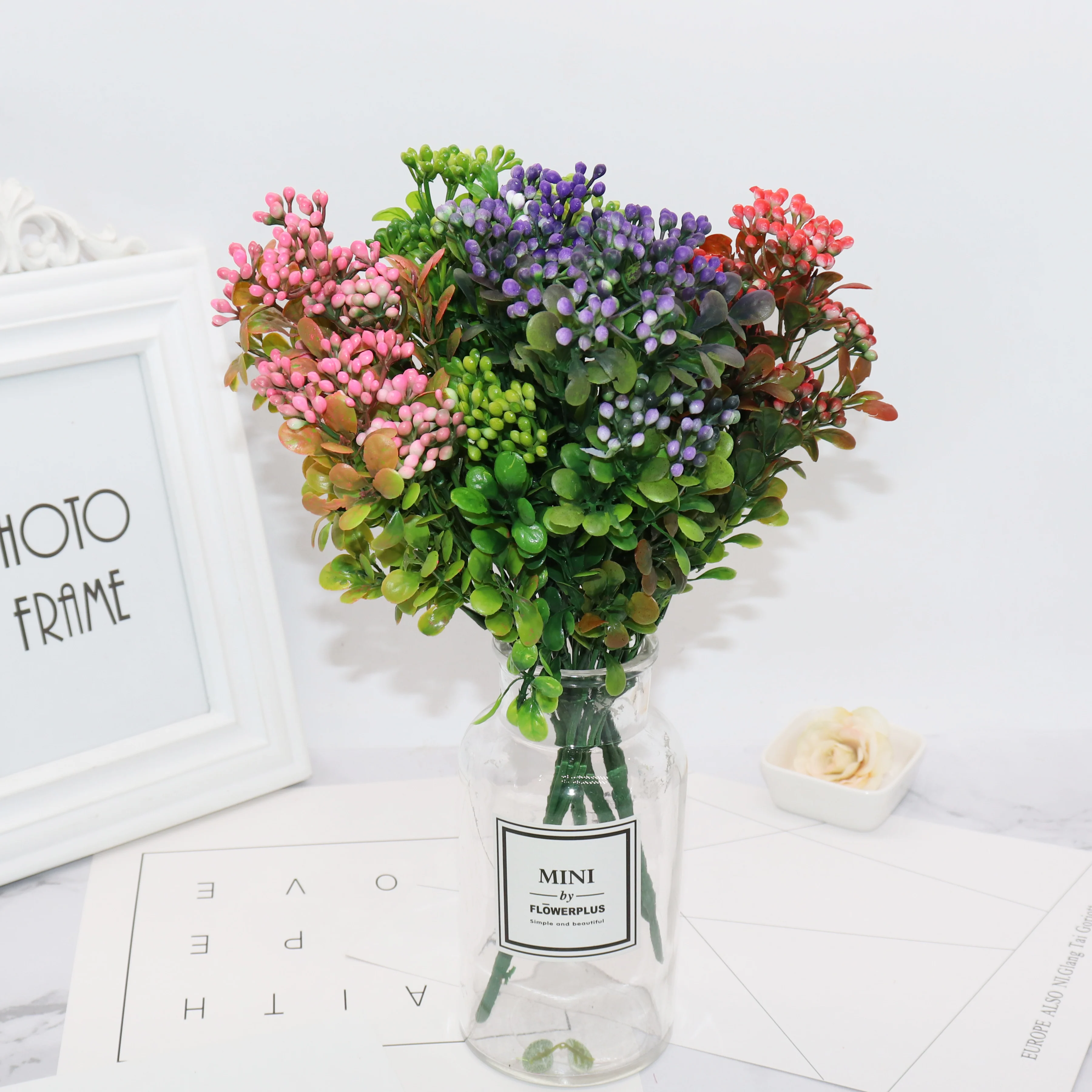 7 Ramuri verzi artificiale berry buchet de flori artificiale, plante fructifere mini frunze în aer liber, camera de zi de decorare nunta Imagine 1