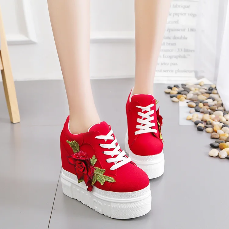 Flori brodate Panza Adidași Femei de Înaltă Wedge Sneaker de Moda Alb/negru/roșu Platforma Adidasi Femei Pantofi Casual Imagine 1