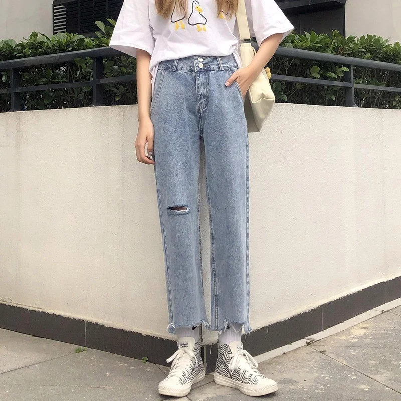 Gaura Design Blugi Femei Glezna-lungime Pantaloni Drepte Chic All-meci coreene Noi, Studenții de Moda Streetwear Hip Hop Casual Ins Imagine 1