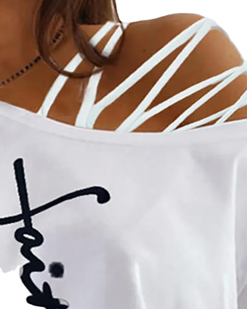 Imprimate T-shirt Femei Sexy S-3XL Dimensiune Doamnelor Unul-umăr Scrisoare Topuri de Vara Libere și Drăguț Moda T-shirt Femei de Top fara Bretele Imagine 1