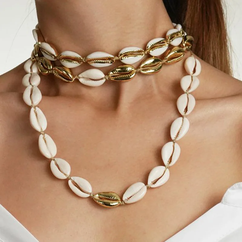 Moda Colier de Aur de Culoare Cowrie Shell Sea Cravată Colier pentru Femei Fata Boem Seashell Beach Vara Coarda de Bijuterii Cadou Imagine 1