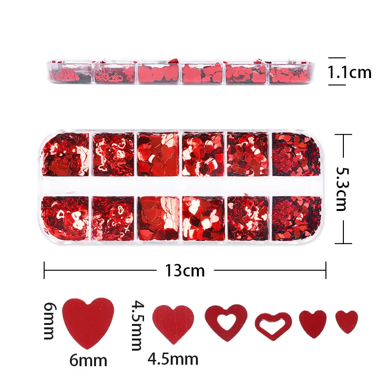 12 Bar Cutie Amestecat Dimensiune Mare Inima Rosie Paiete PET Gol de Ziua Îndrăgostiților Roșu Ornament Unghii, Accesorii de Unghii Sclipici Unghii de Arta Imagine 2
