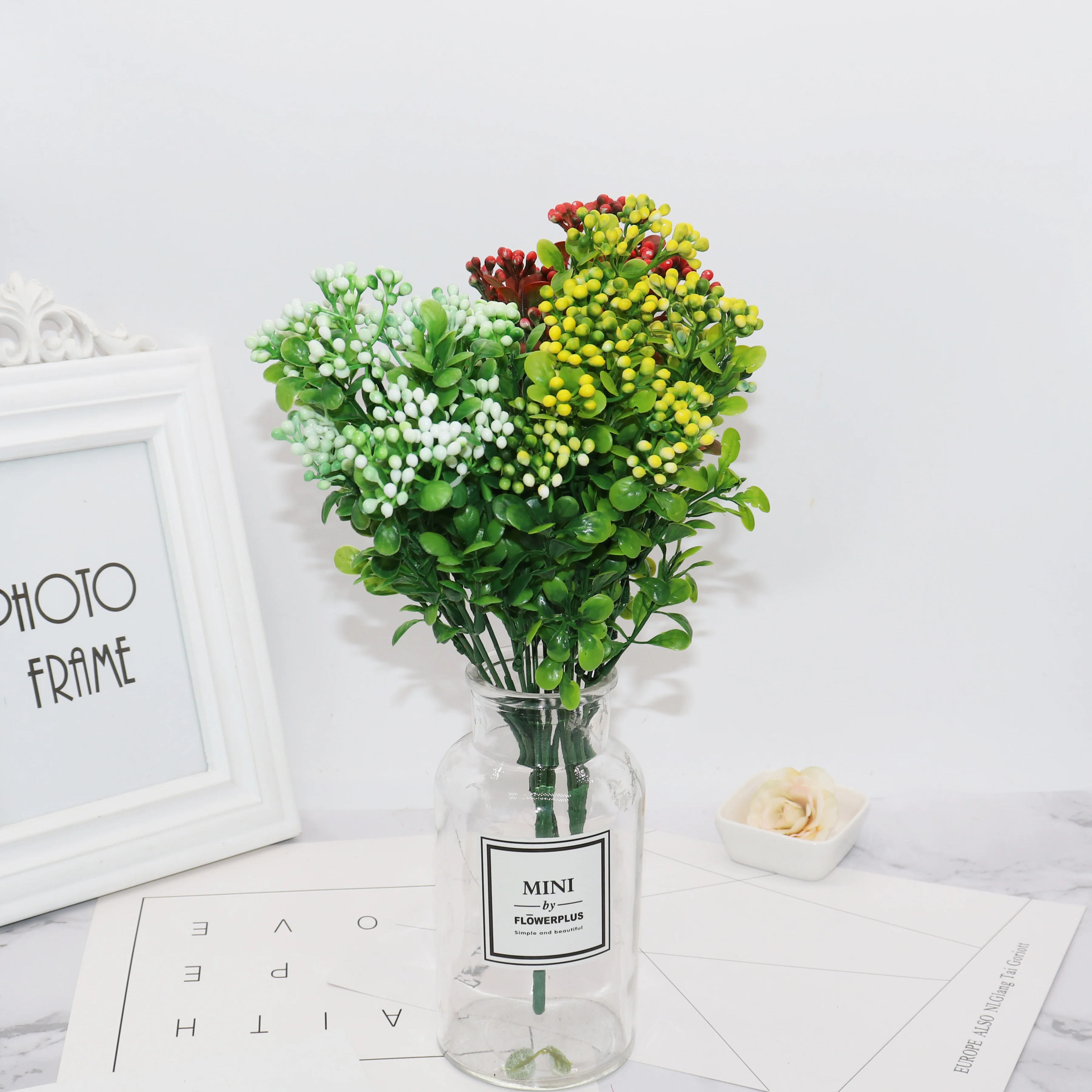 7 Ramuri verzi artificiale berry buchet de flori artificiale, plante fructifere mini frunze în aer liber, camera de zi de decorare nunta Imagine 2