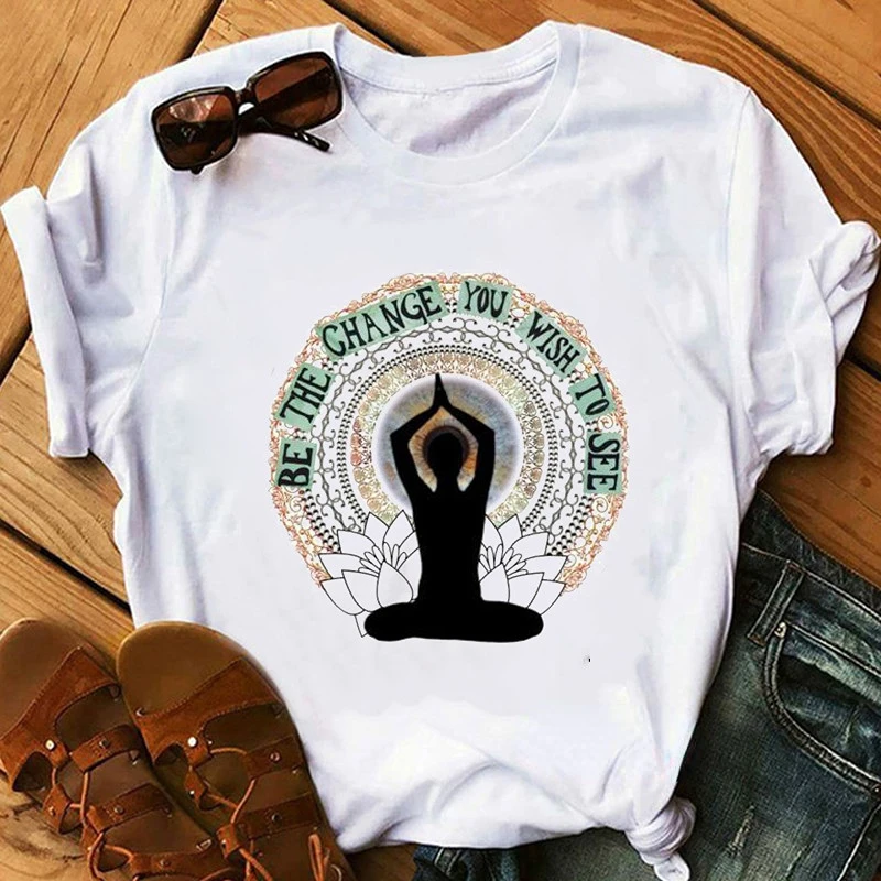 Buddha Lotus Meditație Imprimare Femei Tricou Manșon Scurt, O Gât Vrac Femei Tricou Doamnelor Tricou Topuri Camisetas Mujer Imagine 2