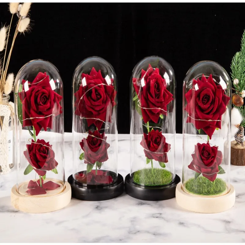 Două Capete de Flori de Trandafir în Formă de Lumină LED-uri Cupolă de Sticlă Flori Artificiale Lumini de Basm Ziua Mamei Cadou de Ziua Îndrăgostiților pentru Fata Imagine 2