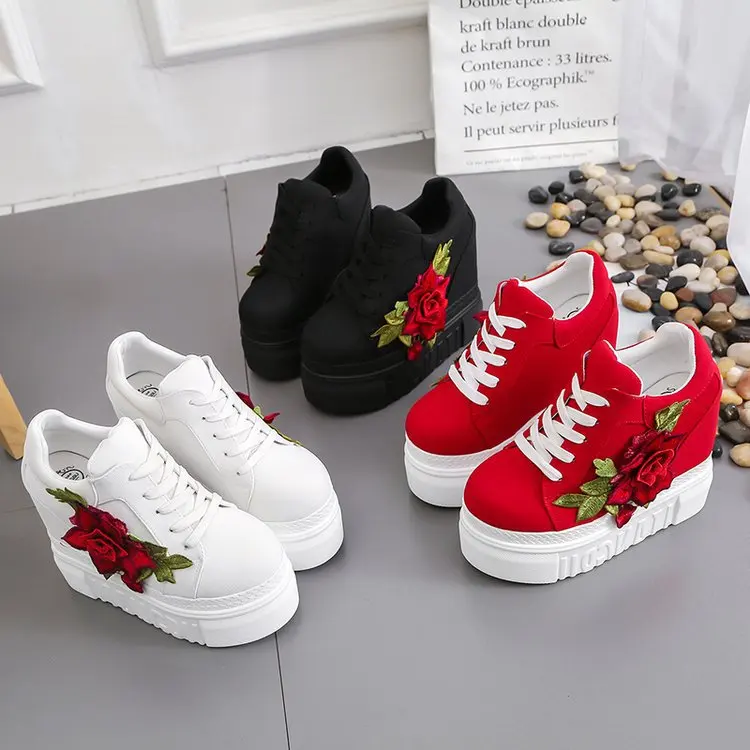 Flori brodate Panza Adidași Femei de Înaltă Wedge Sneaker de Moda Alb/negru/roșu Platforma Adidasi Femei Pantofi Casual Imagine 2
