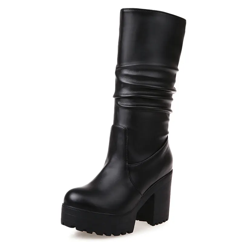 Sgesvier Clasic Doamna Iarna la Jumătatea Vițel Cizme Solide de Brand Cizme cu Toc Femei, Bloc Toc Platforma Rotund Toe Pantofi de Femeie negru Imagine 2