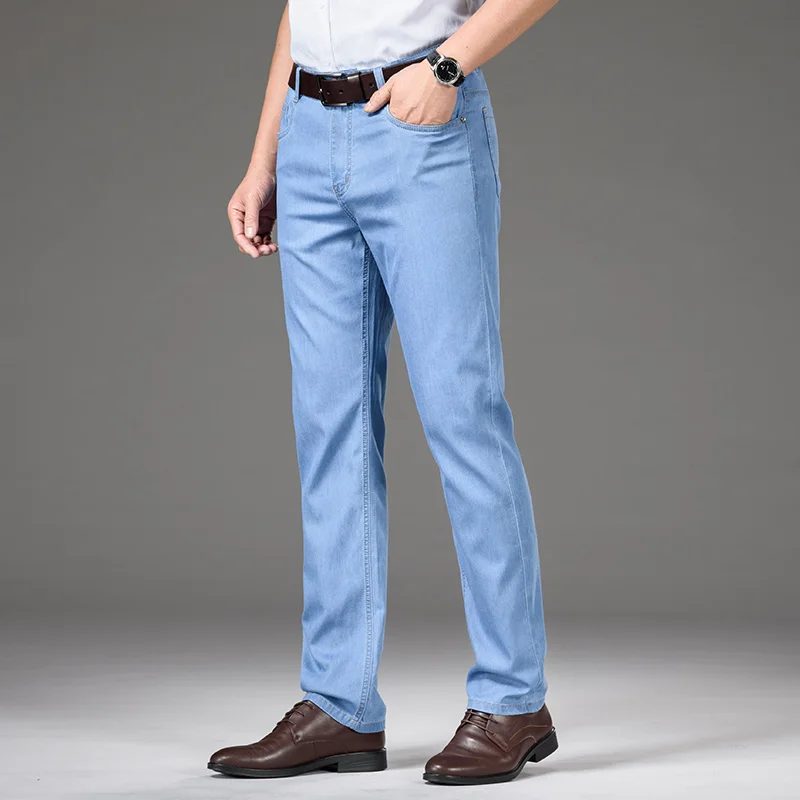 Stil clasic de Vara Barbati Albastru deschis Subțire de Blugi Drepte Business Casual Denim Stretch Pantaloni de sex Masculin Brand Pantaloni Largi Imagine 2