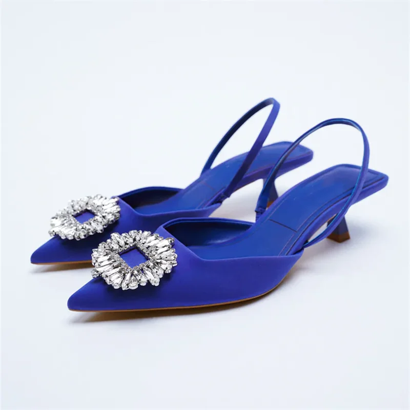 TRAF Trandafir Rosu Stralucitor Pantofi Tocuri Femei Vintage Albastru la Mijlocul Toc Pompe de Femeie Negru a Subliniat Degetele de la picioare Sandale Stralucitoare 2022 Noi Imagine 2