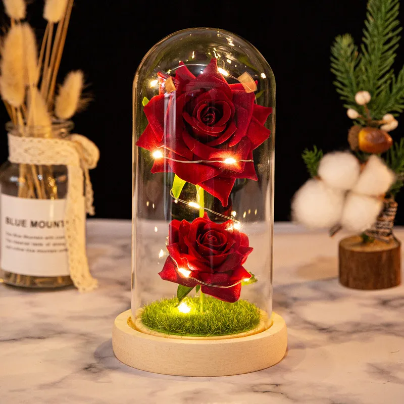 Două Capete de Flori de Trandafir în Formă de Lumină LED-uri Cupolă de Sticlă Flori Artificiale Lumini de Basm Ziua Mamei Cadou de Ziua Îndrăgostiților pentru Fata Imagine 3