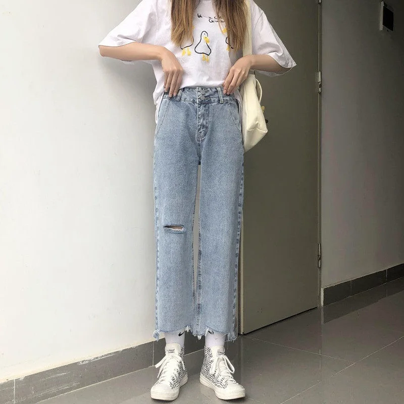 Gaura Design Blugi Femei Glezna-lungime Pantaloni Drepte Chic All-meci coreene Noi, Studenții de Moda Streetwear Hip Hop Casual Ins Imagine 3