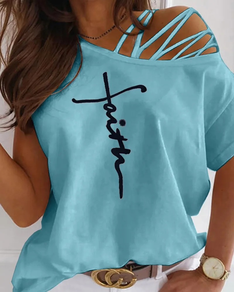 Imprimate T-shirt Femei Sexy S-3XL Dimensiune Doamnelor Unul-umăr Scrisoare Topuri de Vara Libere și Drăguț Moda T-shirt Femei de Top fara Bretele Imagine 3