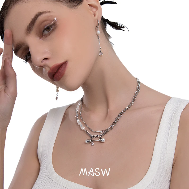MASW Moda Bijuterii Două Straturi Lanț Colier Design Original Naturale de apă Dulce Perla Cravată Colier Pentru Femei Cadouri de Partid Imagine 3